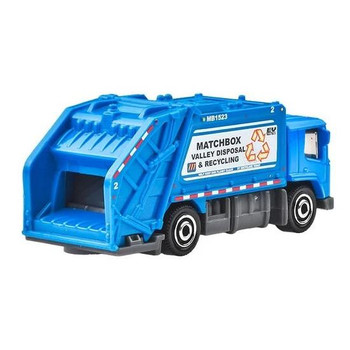 MBX EV Trash Truck in blue, with "Matchbox Valley Disposal & Recycling" detailing and a grey base