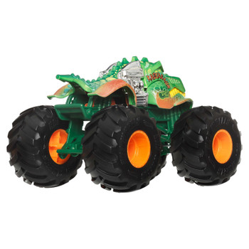 Designed in 1:24 scale with durable die-cast metal bodies, this oversized Rageasaur Monster Truck is ready for outrageous action