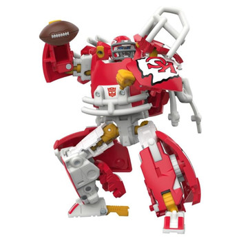 This Transformers figure, KC-59, represents the Kansas City Chiefs and features team colours and themed accessories