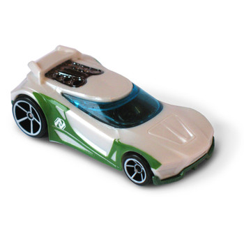 The Chicane Hot Wheel vehicle in pearlescent white and green inspired by N-Tek from the Max Steel franchise