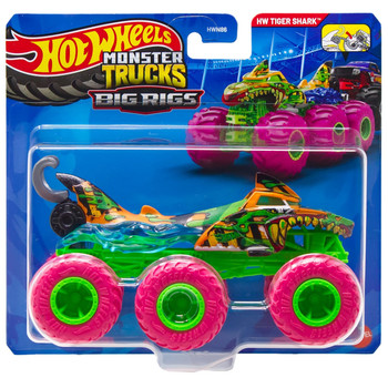 Hot Wheels Monster Trucks Big Rigs HW TIGER SHARK (Green & Pink) 1:64 Scale Vehicle in packaging