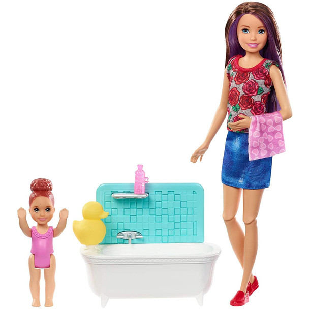 Playset includes Skipper babysitter doll wearing fashion and accessories, a small toddler doll with mechanical moving arms, rubber duck, shampoo bottle and towel.