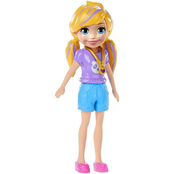 Polly doll's removable outfit includes short-sleeved purple top with panda design, blue shorts, pink shoes and signature locket.