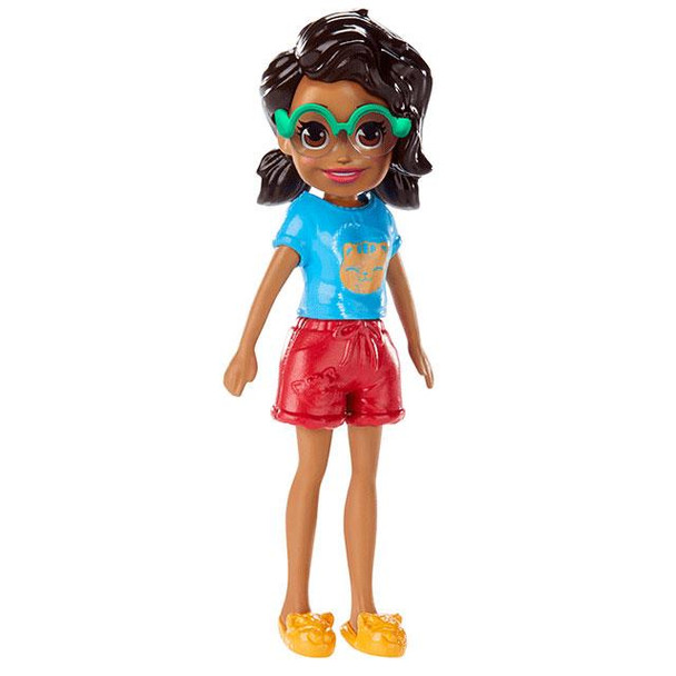 Shani doll's removable outfit includes blue short-sleeved top with cat design, red shorts, slippers and glasses.