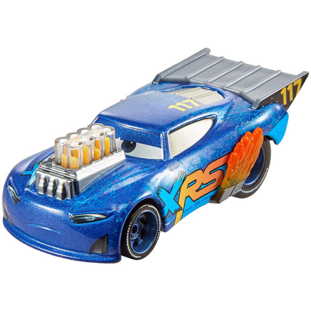 Spikey Fillups 1:55 scale die-cast has iconic designs plus mag wheels, exposed exhaust pipes with flames, and moving engine pistons.