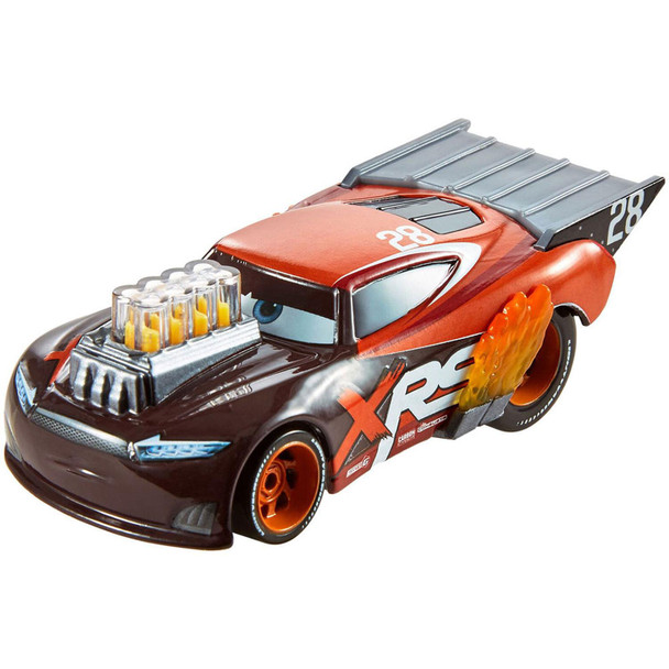 Tim Treadless 1:55 scale die-cast has iconic designs plus mag wheels, exposed exhaust pipes with flames, and moving engine pistons.