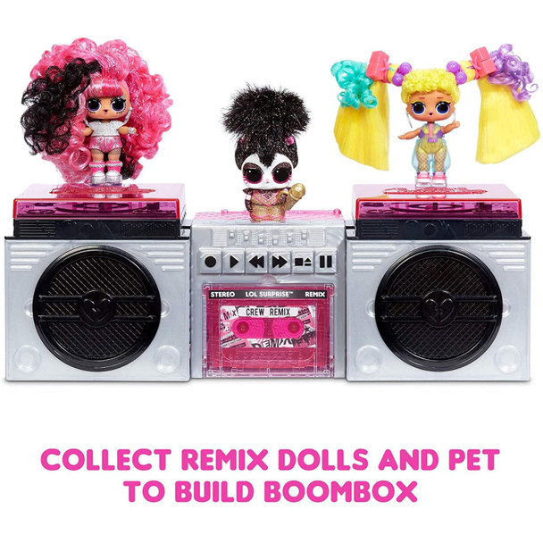Build a Boom Box: Collect to build a boombox with the packaging (1 L.O.L. Surprise! Remix Pets package + 2 L.O.L. Surprise! Remix Hair Flip packages - Each sold separately). Build a Boom Box: Collect to build a boombox with the packaging (1 L.O.L. Surprise! Remix Pets package + 2 L.O.L. Surprise! Remix Hair Flip packages - Each sold separately).