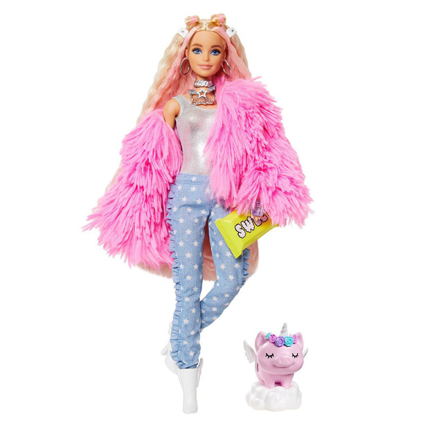 Barbie Extra Doll #3 in Fluffy Pink Jacket with Pet Unicorn-Pig for Kids 3 Years Old & Up