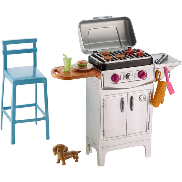 Summery themes set the scene for a perfect day outside — like this silvery grill and tall blue stool.