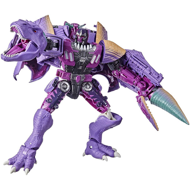 Unleash the primal power of the beasts with this Megatron (Beast) collectible figure, featuring a detailed beast mode with intricate dinosaur-inspired molded scales and articulated jaw with molded teeth.