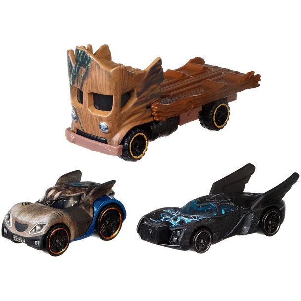 This Hot Wheels Marvel 3-Pack includes Groot, Rocket Raccoon and Exclusive Charged-Up Thor vehicles.