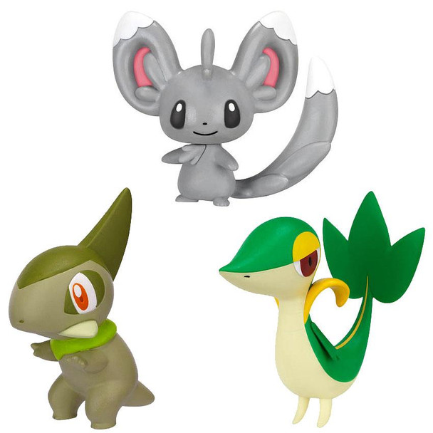 This Pokemon multi-pack contains the characters: Minccino, Snivy and Axew. Display stand also included.