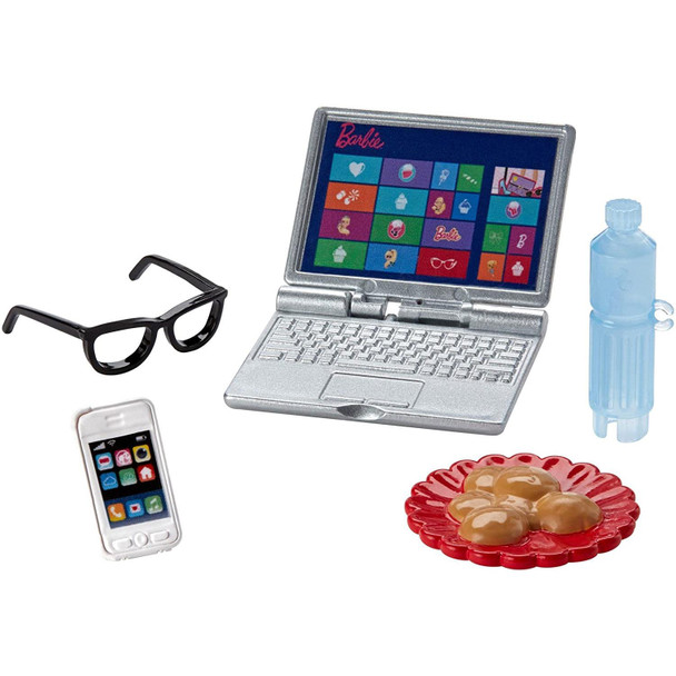 Barbie Mini Story Starter - Tech Pack Accessory Pack includes laptop, mobile phone, eyeglasses, water bottle, and cookies.
