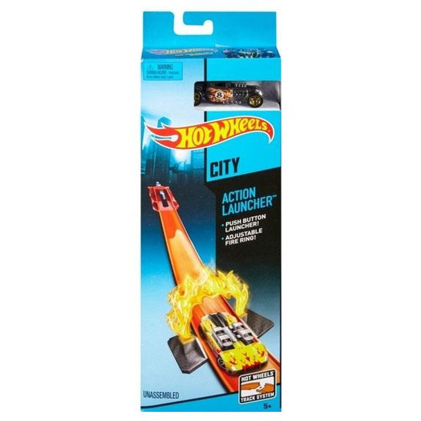 Hot Wheels ACTION LAUNCHER Track Set with BONE SHAKER 1:64 Scale Die-Cast Car in packaging.