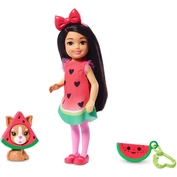 This Chelsea dress-up doll wears a watermelon costume with an adorable print and ruffle details.