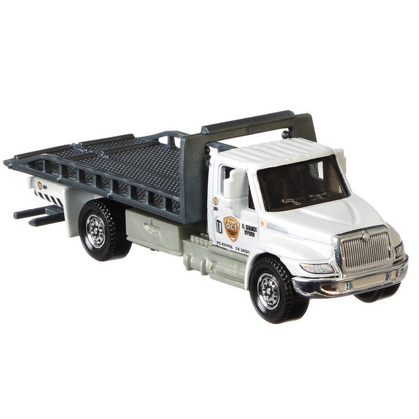 The International Durastar 4400 Flatbed truck is a larger-sized service vehicle with moving parts including a sliding truck bed and extending wheel lift.