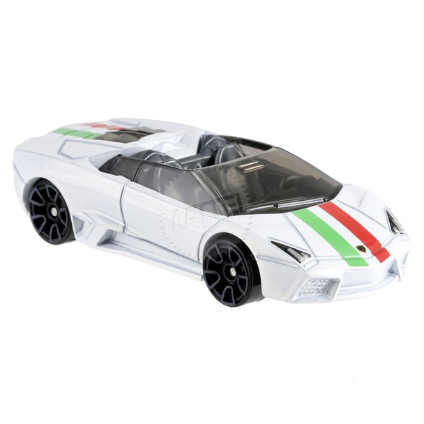 Hot Wheels Lamborghini Reventón Roadster in pearl white with green & red stripes.
