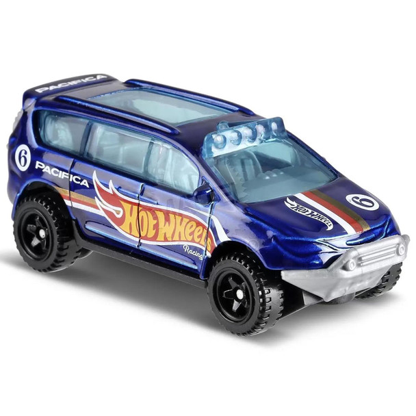 The Hot Wheels Chrysler Pacifica in dark blue with racing stripes and Hot Wheels logo.
