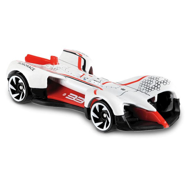 Hot Wheels Roborace Robocar in white with red & black detailing.
