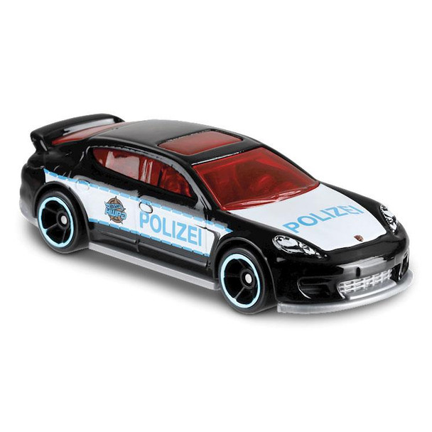 The Hot Wheels Porsche Panamera features a black & white deco and German "Polizei" detailing.
