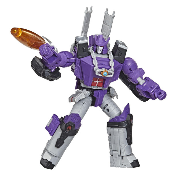 Transformers G1-Inspired Design: This Legacy Series Transformers 7.5-inch Galvatron robot toy is inspired by the animated film, The Transformers: The Movie, updated with a Generations-style design


Awesome Accessories: Comes with a Particle Beam cannon and 2 side cannon accessories that attach in both modes. Matrix of Leadership accessory can hang around the Galvatron figure’s neck
