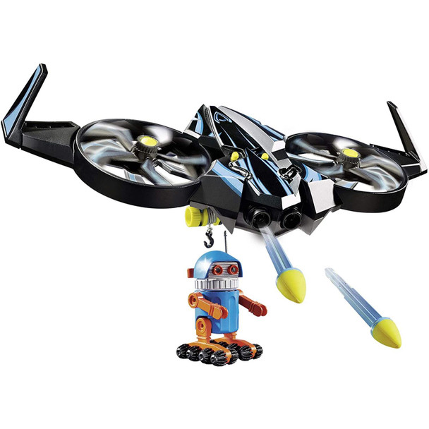 The drone toy features firing projectiles and spinning propellers. There is a winch with a hook underneath the drone to which the Robotitron figure can be attached.