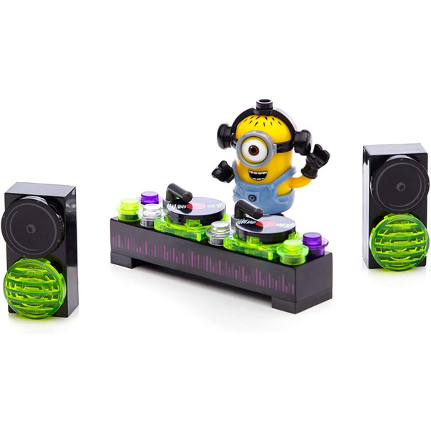 Fully buildable DJ table with spinning decks and two speakers.