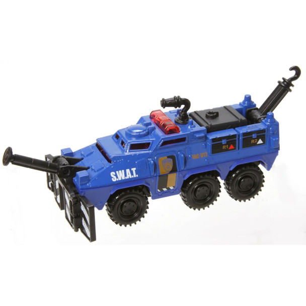 The MBX Rolling Raider SWAT truck is a larger-sized police vehicle with moving parts

