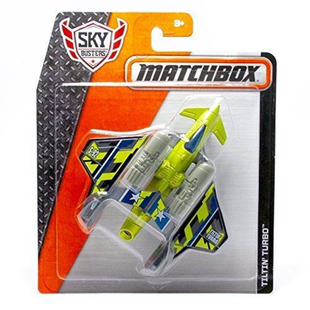 The Matchbox Sky Busters Tiltin' Turbo aircraft features a green, blue, and grey deco.