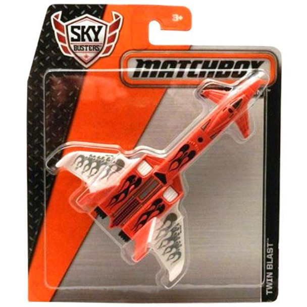 The Matchbox Sky Busters Twin Blast aircraft features an orange and white deco with black flame detailing.