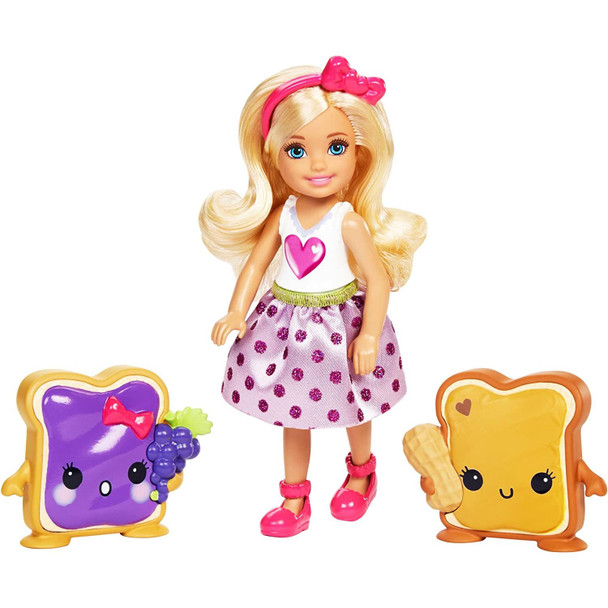 5.5-inch (14 cm) Chelsea™ doll comes with two theme-shaped friends from the treat-filled land -- peanut butter & jelly.