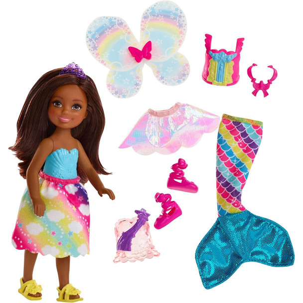 The Barbie™ Dreamtopia Fairytale Dress-up Doll set comes with Chelsea™ doll and three fairytale outfits for all kinds of fantasy fun -- a princess, a mermaid, and a fairy!