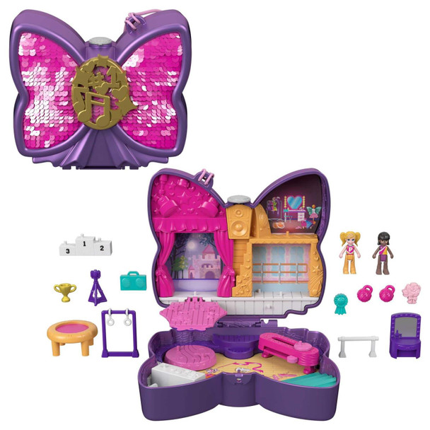 The Polly Pocket Sparkle Stage Bow compact has a beautiful bow design with two-way sequins and comes with micro Polly and friend dolls.