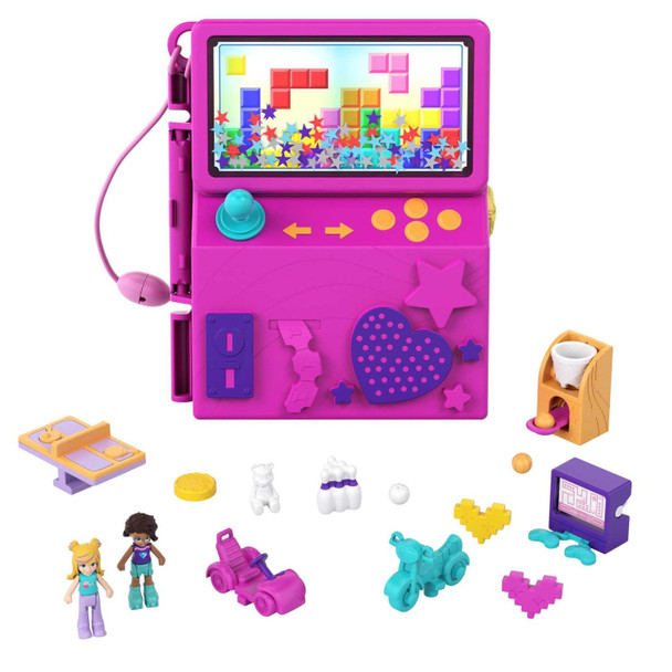 The Polly Pocket Race & Rock Arcade compact has a video game design and features an exterior window with shakable glitter and comes with micro Polly and Shani dolls.