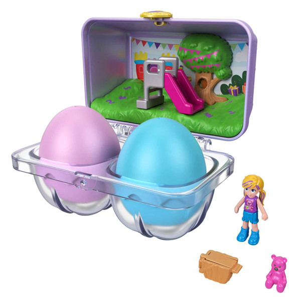 Adorable Polly Pocket™ Surprise Egg Doll & Accessories playsets have an egg carton-inspired design for extra-added fun!