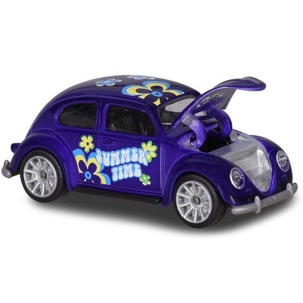 Authentically styled Volkswagen Beetle in dark blue/purple with yellow, white and blue 'Summer Time' deco.