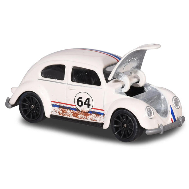 Authentically styled Volkswagen Beetle in white with red and blue racing stripes
Approximately 1:64 scale
Rubber tyres
Suspension
Opening bonnet/hood
Die-cast and plastic construction
Officially licensed reproduction of a real-world automobile
Measures around 7.25 cm (2.75 inches) in length