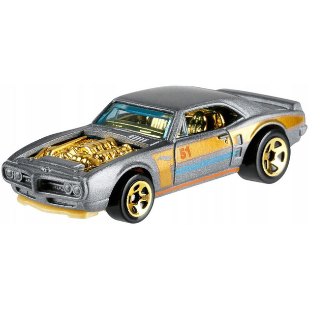 Officially licensed Custom '67 Pontiac Firebird features a satin silver finish with gold, blue, and orange detailing.