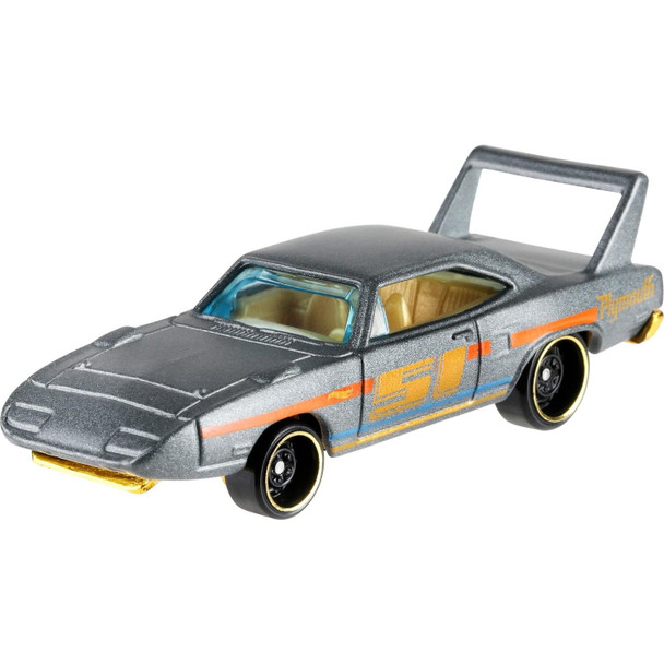 Officially licensed '70 Plymouth Superbird features a satin silver finish with gold, blue, and orange detailing.