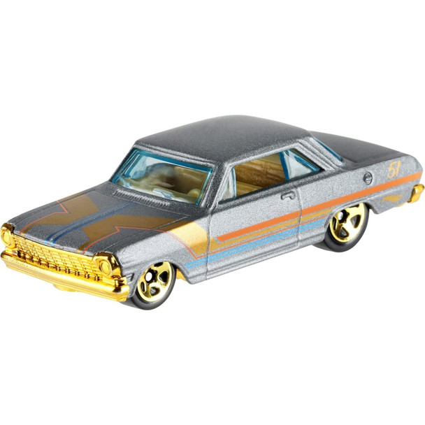 Officially licensed '63 Chevy II features a satin silver finish with gold, blue, and orange detailing.