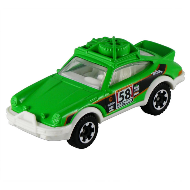 Matchbox 1985 Porsche 911 Rally in green with black racing stripes.