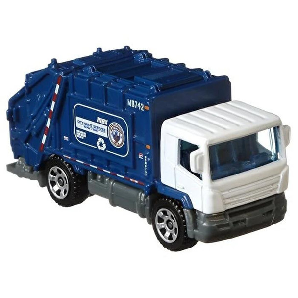 Matchbox Garbage King refuse truck in blue and white, with 'MBX City Waste Services' deco.