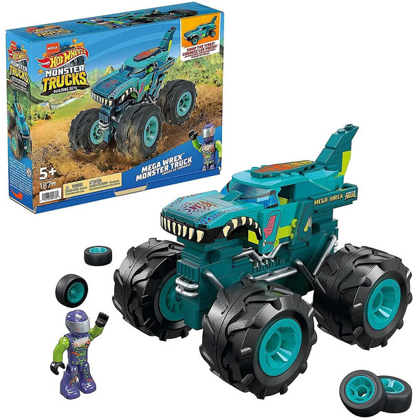 187-piece MEGA Hot Wheels Mega Wrex Monster Truck building toy with extra set of wheels that turns vehicle into a race car.