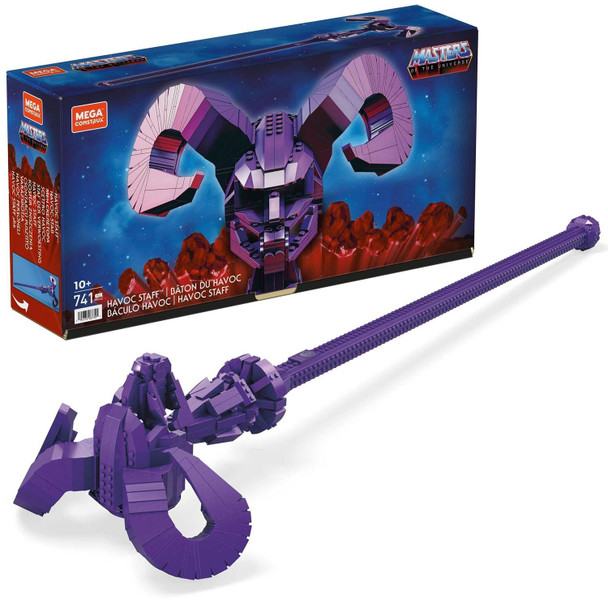 Highly collectible Havoc Staff replica building set modelled after Skeletor's signature scepter, with authentic detail, studded shaft, bottom-end handle, and iconic Ram Skull of Zelesia.