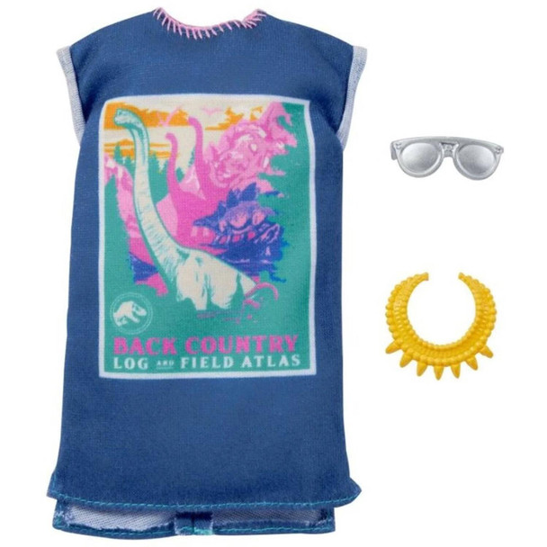 Dress a doll in this trendy T-shirt dress featuring a bold and colourful dinosaur graphic on front and topstitching. A modern necklace and silvery sunglasses complete the ultra-hip look.