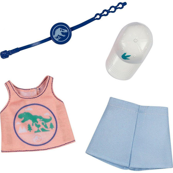 Dress a doll in this coral pink tank top with a dinosaur graphic, and light blue shorts. A white baseball cap and blue fanny pack with Jurassic World logo complete the look.