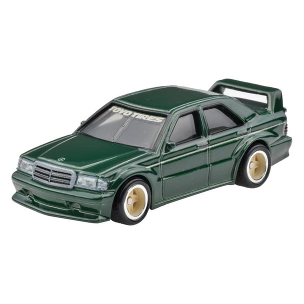 This Mercedes-Benz 190 E 2.5-16 has a dark green finish with 'Toyo Tires' on the front windscreen.

