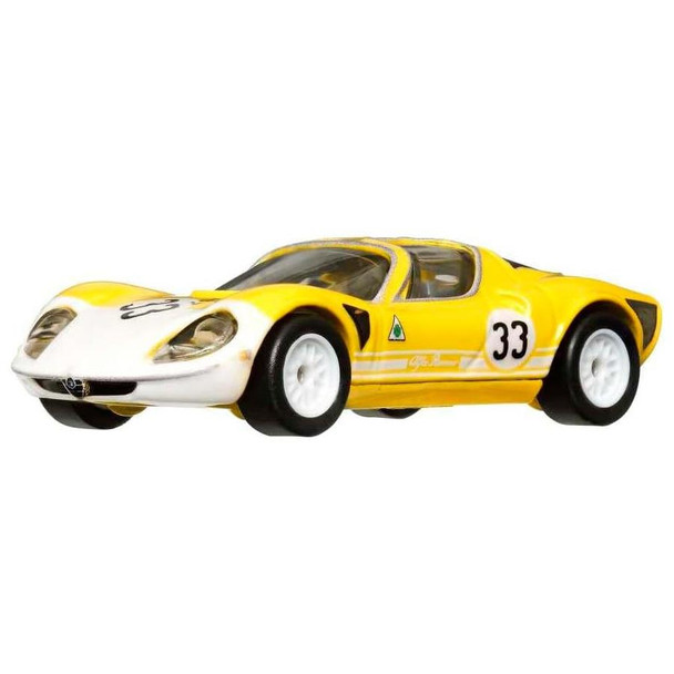 The '69 Alfa Romeo 33 Stradale features a yellow and white racing deco.