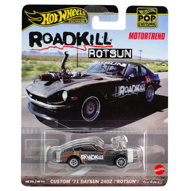Hot Wheels Pop Culture CUSTOM '71 DATSUN 240Z ("ROTSUN") (Roadkill) 1:64 Scale Die-cast Vehicle in packaging.