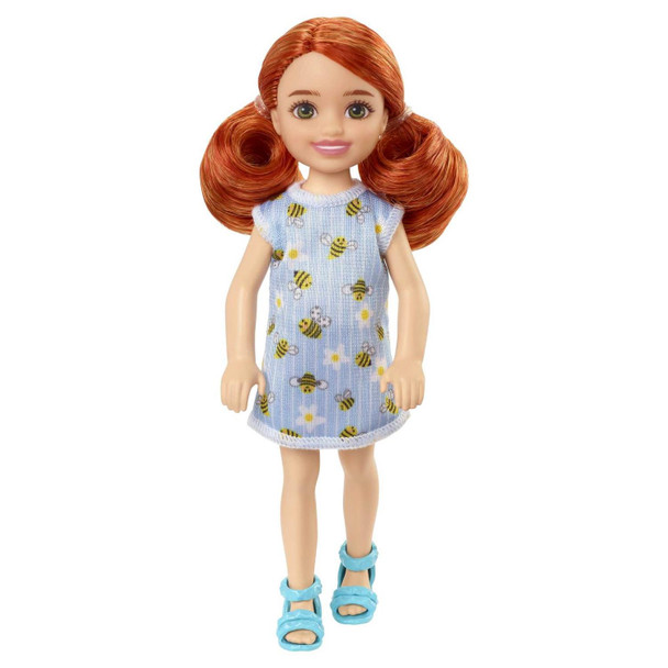 This 5.25-inch (13.5 cm) Chelsea doll is super-cute in a striped, blue dress with an adorable print themed to bumblebees and flowers.